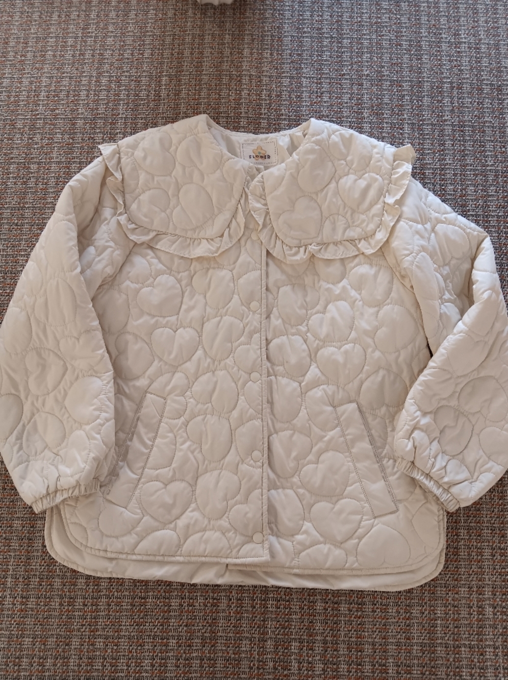 Girls Cream Quilted Heart Puffer Jacket with Ruffle Collar